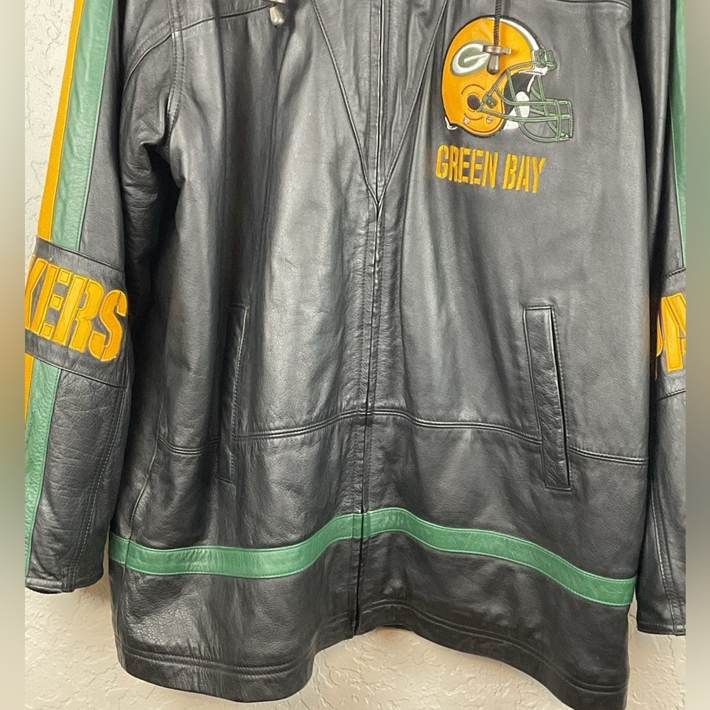 Vintage G-III by Carl Banks Full Zip Hooded Green Bay Packers Leather Jacket - Picture 5 of 14